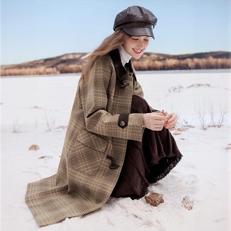 Betu Damen Eleganter Colorblock-Kragen Karierter Wintermantel