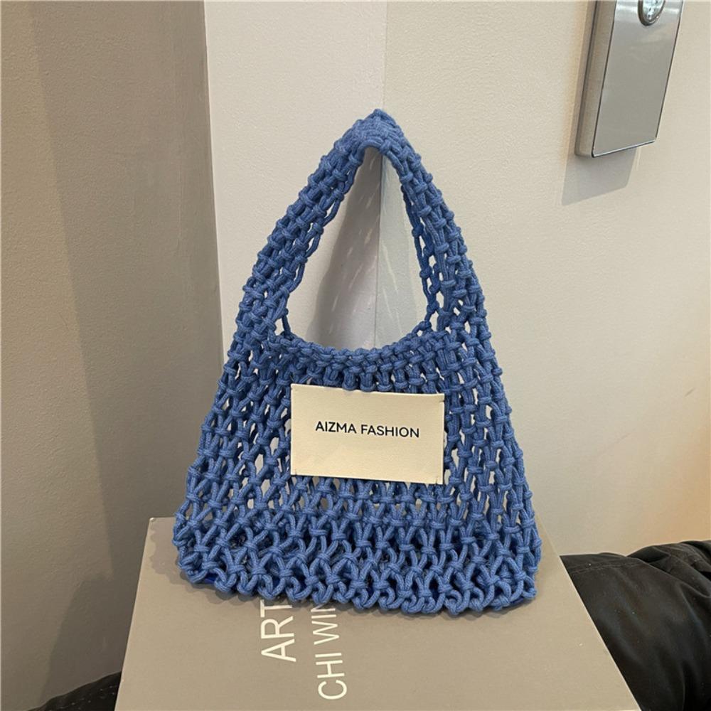 

Summer Beach Hollow Handbag Solid Color Woven Totes Bag Trendy Straw Crochet Bag Ladies/Girls синий