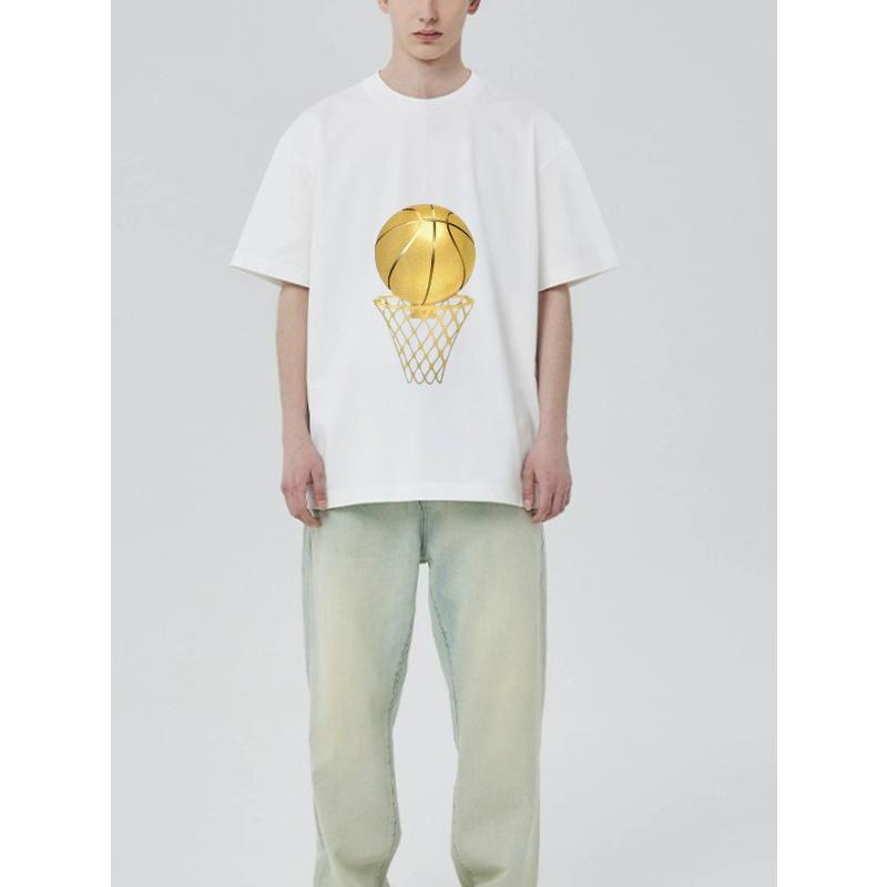 Schwarzes T-Shirt Goldener Basketball- und Korb-Print Lässige Streetwear für Männer und Frauen