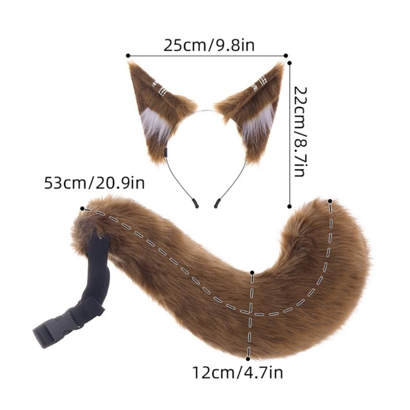 A52E Cats Wolf Foxes Ears Headband Furry Foxes Tail Plush Animal Ear Headband Tail