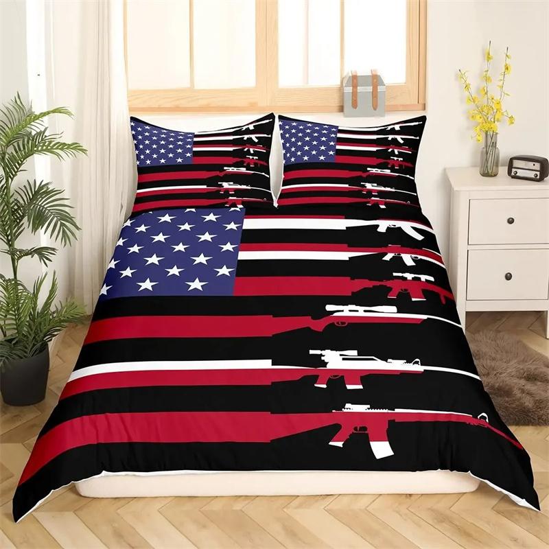 American Flag Duvet Cover Machine Gun Comforter  Bedding Sets,Girls Bed Supplies Set Duvet Cover Bed Comforter Set Bedding Set