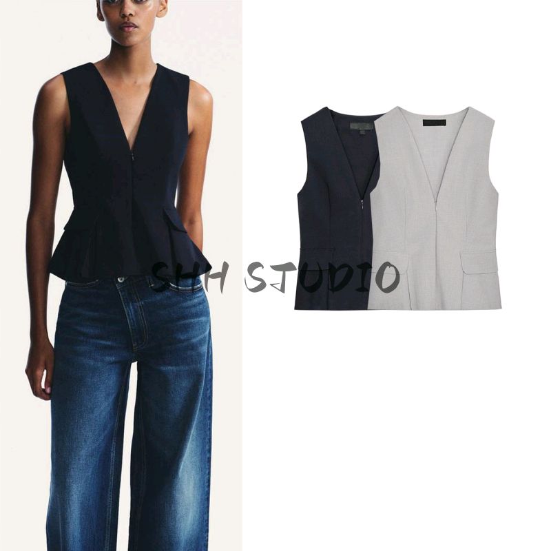 Autumn New Women's Clothing Pleated Decoration V-neck Sleeveless Vest Cropped Short Skirt Hem Tops 2180131