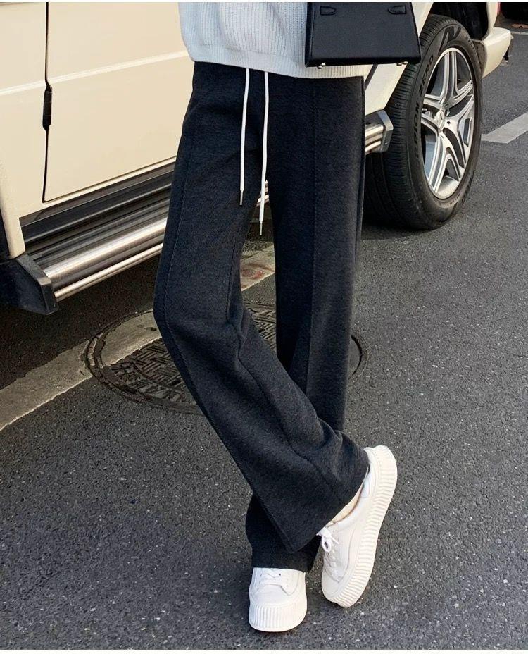 Women's Gray Herringbone Wool Pants, Autumn Winter, Plus Velvet, Narrow Wide-Leg Style, 2025.