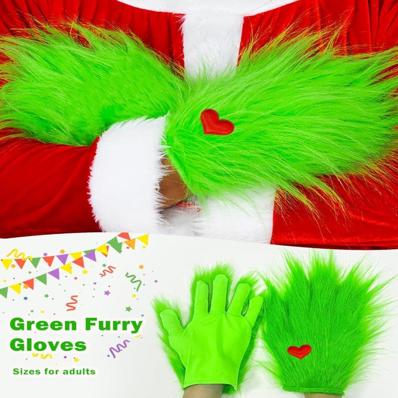 Green Monster Furry Gloves and Christmas Santa Hat for Adult Halloween Christmas Cosplay Costume Party Supplies