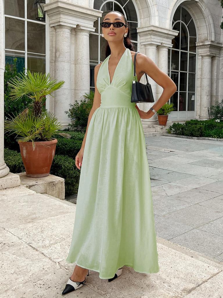 Women Floral V Neck Boho Maxi Dress Halter Tie Flowy A Line Beach Wedding Guest Dresses Tiered Sundress with Pockets