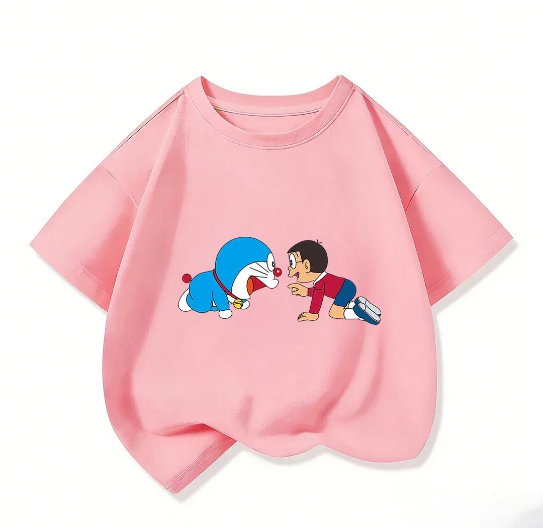 Summer Kids Short Sleeve Tee Lovely Cartoon Print Kawaii Street Fashion Casual Tops Doraemon Children Outfit 314Y 100