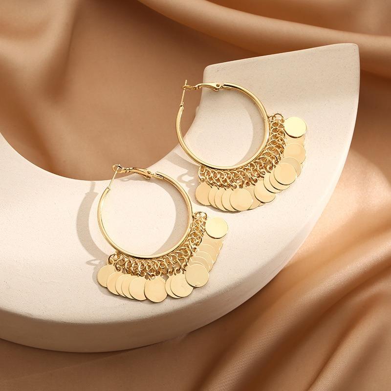 Fashion Metal Disc Tassel Hoop Earrings Gold Silver Luxury Design