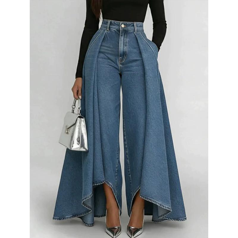 Women's High Waisted Wide Leg Jeans Overlay Flare Denim Pants with Pockets for Female High Street Elegant Fashionable Long Jeans