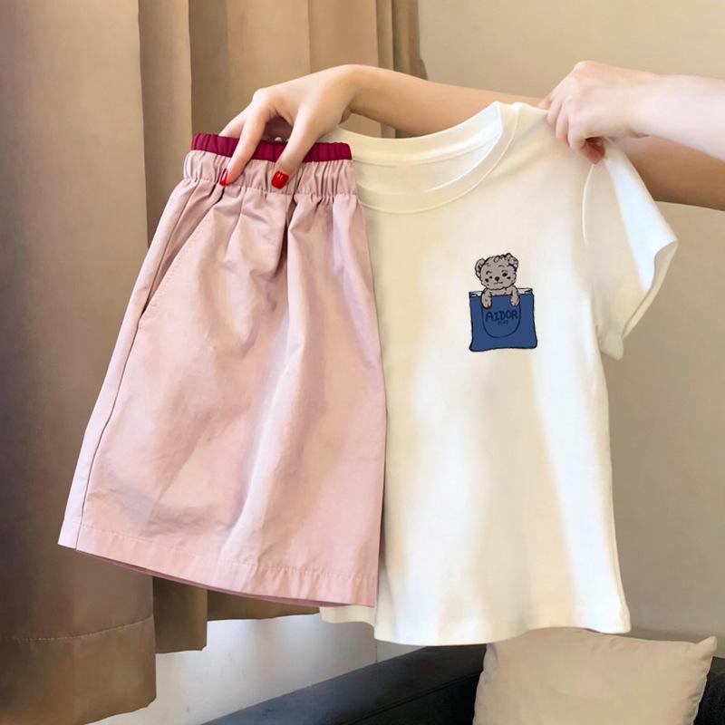 Girls' Stylish Cotton Short-Sleeve T-Shirt Set - Summer Korean Style for Middle & Big Kids