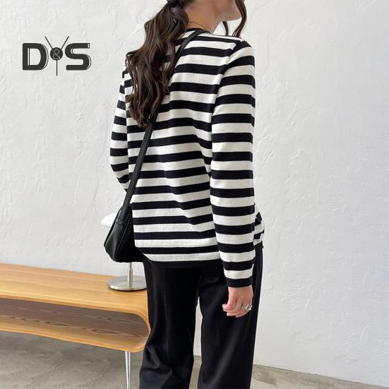 Dámské topy Kulatý výstřih Dlouhý rukáv Svetr s pruhovaným potiskem Volný střih Pružný Retro Pletené topy Denní nošení