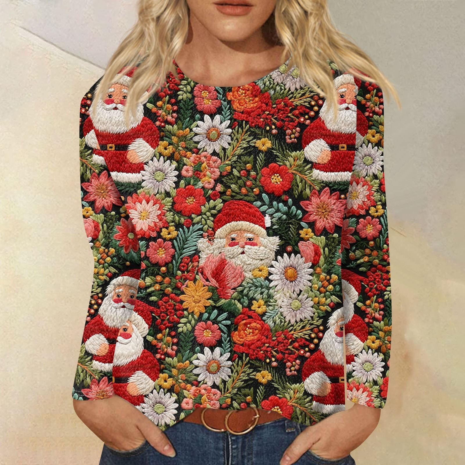 

Жіноча модна повсякденна фланелева футболка з довгими рукавами з різдвяним принтом і круглим вирізом, фланелева верхня частина M червоний