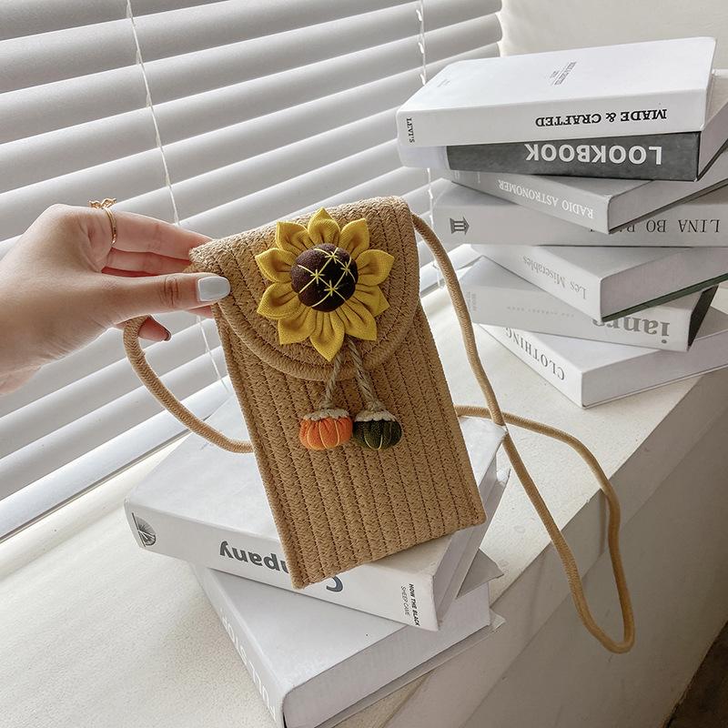 Damen Strandurlaub Umhängetasche: Gewebtes Baumwollseil Blumendesign für Handy & Münzen