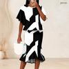 Women Plus Size Two Piece Set Round Neck Batwing Short Sleeve Printed Ruffle Top Fishtail Skirt Black