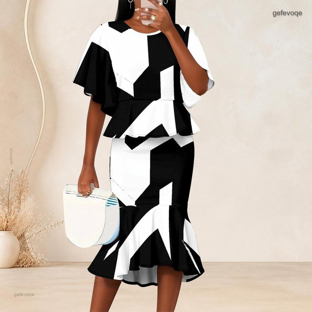 Women Plus Size Two Piece Set Round Neck Batwing Short Sleeve Printed Ruffle Top Fishtail Skirt Black