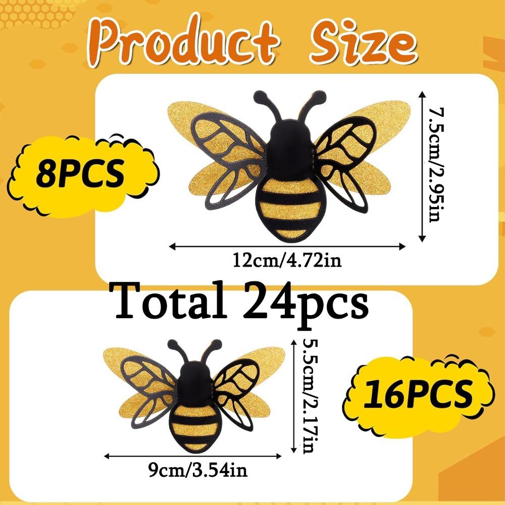 

24pcs 3D Bee Decorations 2 Size Double Layer Glitter Honey Bee Stickers Wall Decor Realistic Shining Big Bumble Bees Cutouts Decals 24pcs