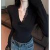 Plain Black Top With Lace Splicing V Neck For Spring Casual Wear