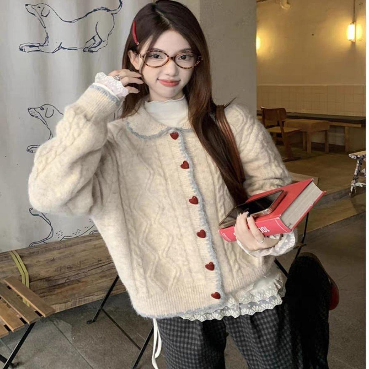 

Autumn Winter Preppy Peter Pan Collar Knitted Cardigan Women Loose Soft Long Sleeve Sweater Coat Casual Outfit One Size бежевый