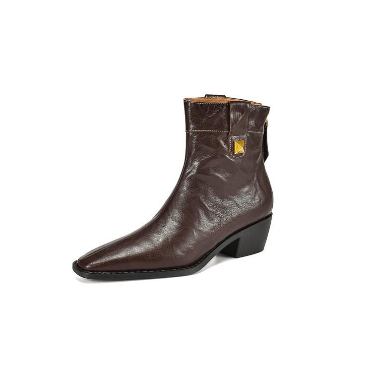 Fashion NEW Autumn Women Boots Genuine Leather Shoes for Women Square Toe Chunky Heel Shoes Rivet Zip Ankle Boots Concise Western Boots