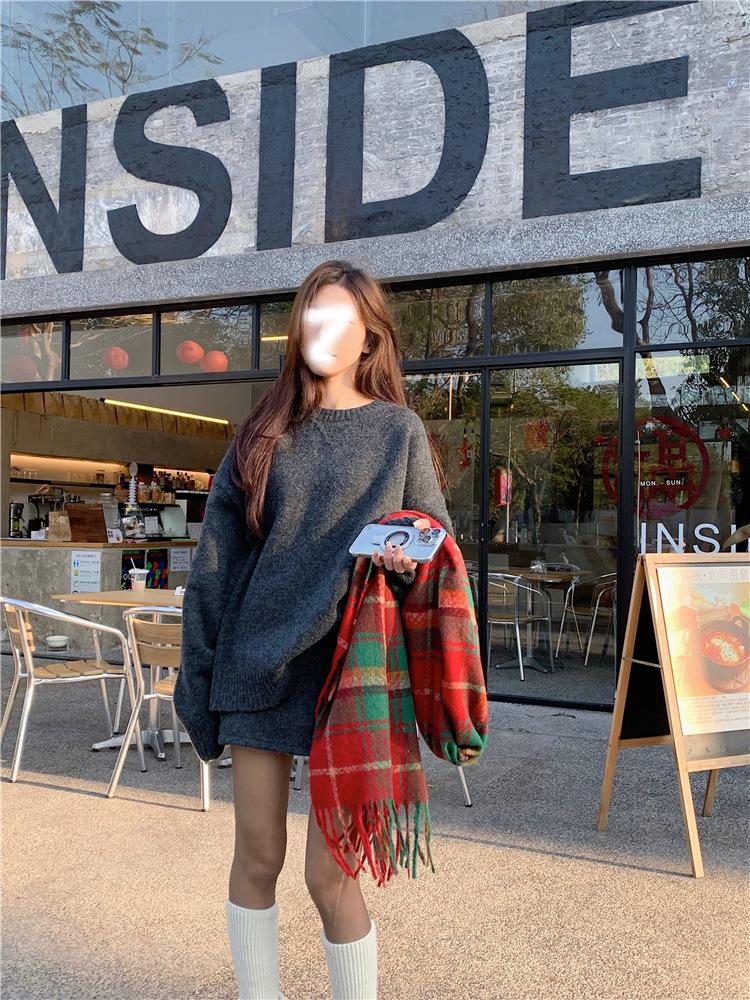 Cozy Gray Sweater & High Waist Midi Skirt Set - Soft Knit Pullover, Perfect for Autumn & Winter