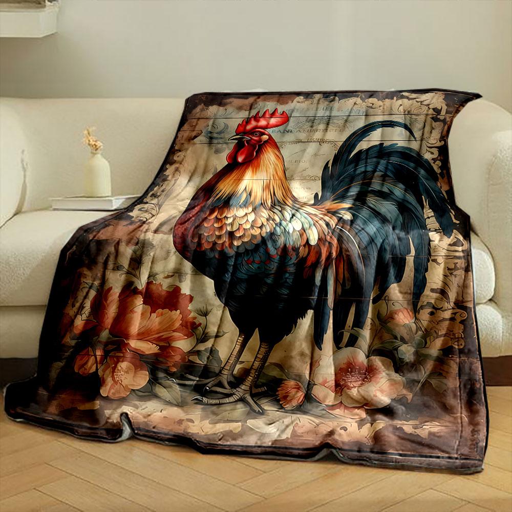 Vintage Rooster Floral Blanket Bedroom Blanket for Livingroom Couch Lunch Break Soft Throw for Friend's Festival Gift