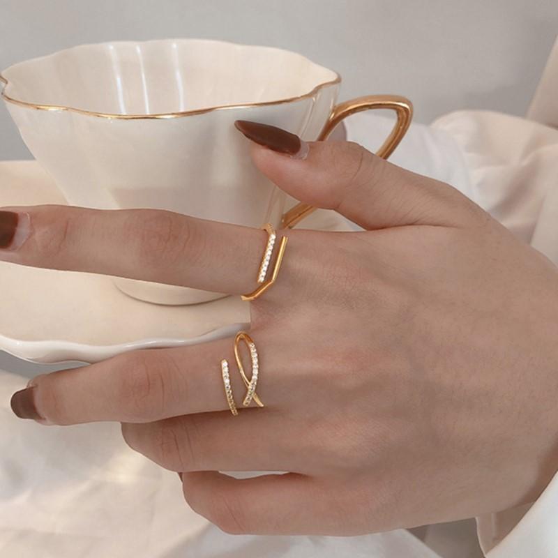 Color Double Layer Cross Line Finger Ring For Women Gold Color Cz Geometric Adjustable Rings Jewelry