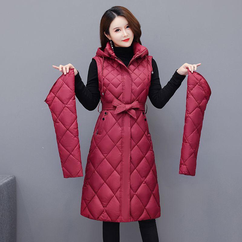 Women Jacket Lightweight Down Cotton Jacket Long Sleeved Detachable Mid Long Parkas Warm Female Winter Coat Outerwear