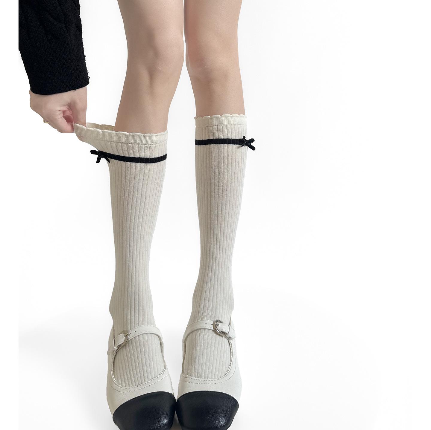 2026 Miu Style Bow & Ruffled Vertical Stripe Calf Socks One Size