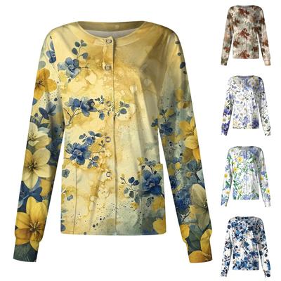 Dámský ležérní kardigan s dlouhým rukávem, jednoradové zapínání, květinový potisk, ochranný oděv