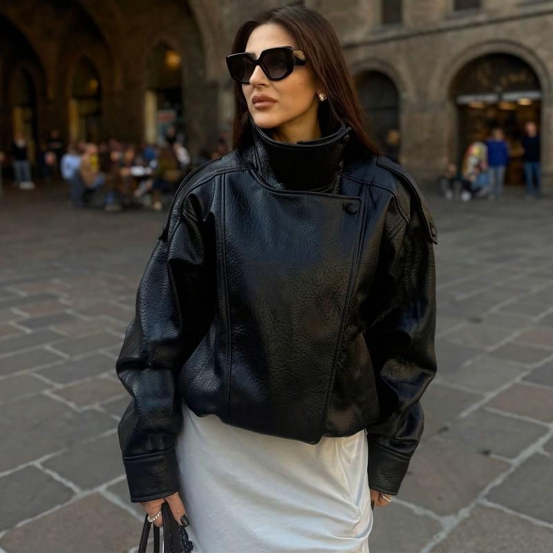 Womens Short PU Leather Jacket Loose Fit Biker Style Stand Collar Fashion Coat