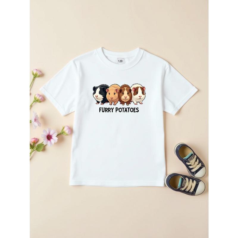 Kids Crewneck T-Shirt, Cute Guinea Pig Cartoon Animal Print Short Sleeve Summer Top 110