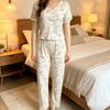 Women Striped Cartoon Printed Short Sleeve Long Pants Pajama Homewear Set