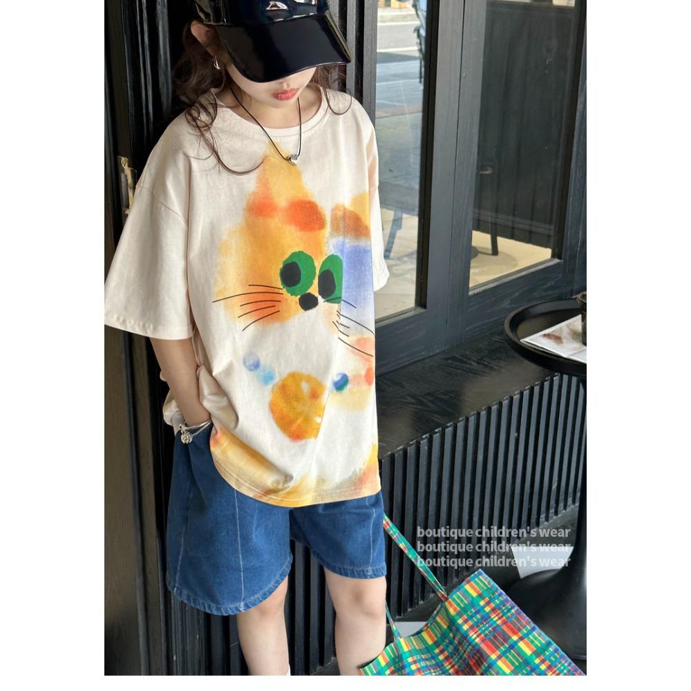 Girls' Short Sleeve T-shirt Summer 2,025 New Big Children's Summer Style Westernized Cartoon Top Children's Korean Fashionable S
