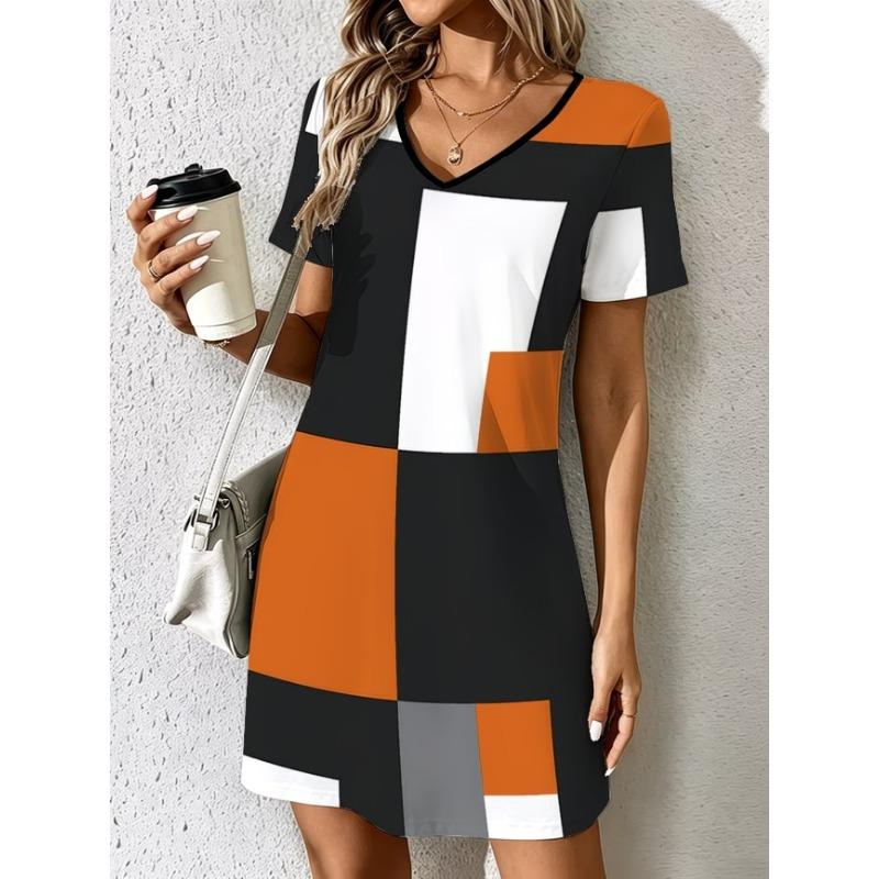 Ladies Summer V-Neck Short Sleeve Casual Dress Fashion Colorful Geometric Print Dress Elegant Women's Clothing