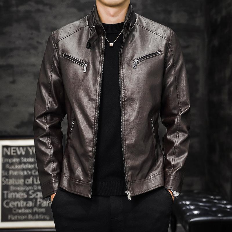 

Новая мужская кожаная куртка с плюшем, модная и облегающая мотоциклетная кожаная куртка, мужская куртка из мытой искусственной кожи XXXL коричневый