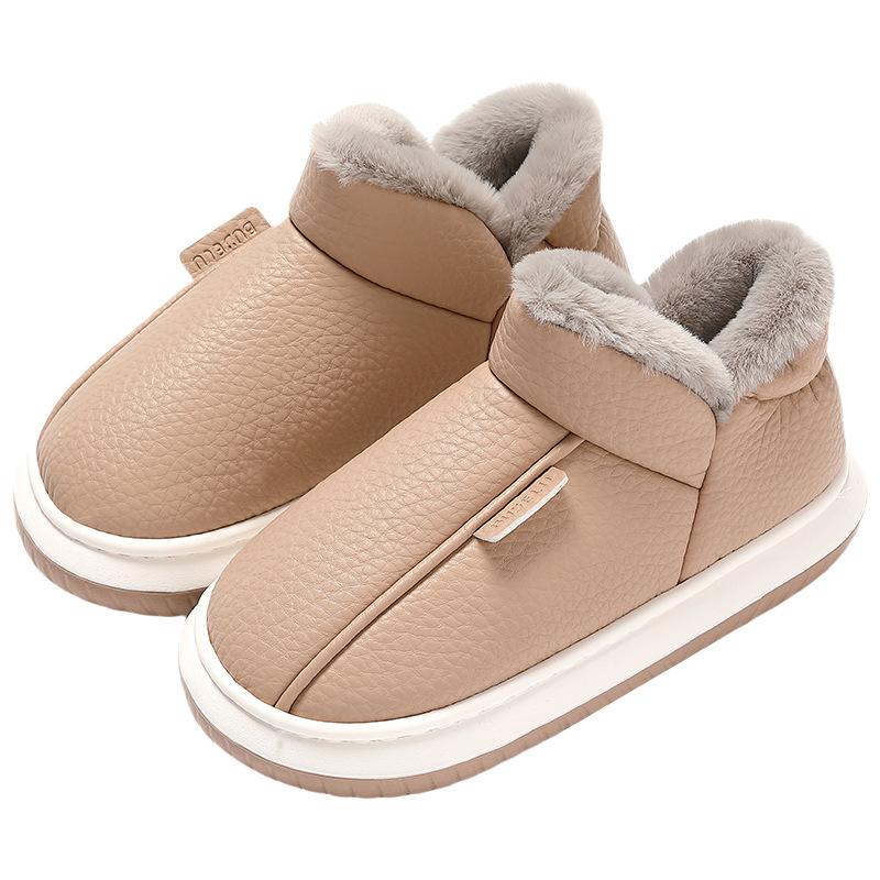 Pantoufles en coton imperméables hiver nouvelle maison intérieur semelles épaisses velours chaud PU tige haute chaussures en coton