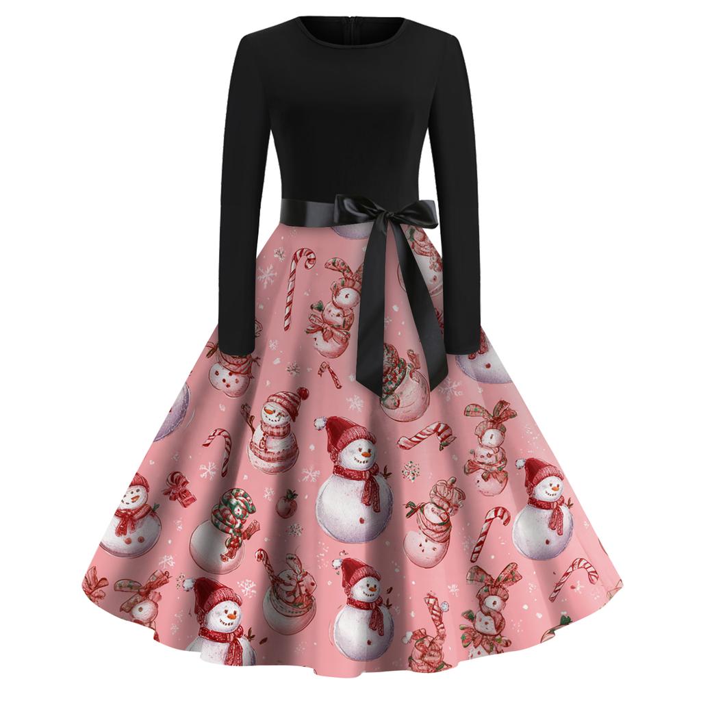 Mote for kvinner Rund Hals Casual Slim Fit Juleprint Stor Sving Langermet Kjole