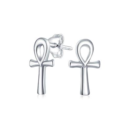 Minimalist Petite Delicate Religious Symbol of Life Egyptian Ankh Cross Stud Earrings for Women Men Refined Sterling Silver .925