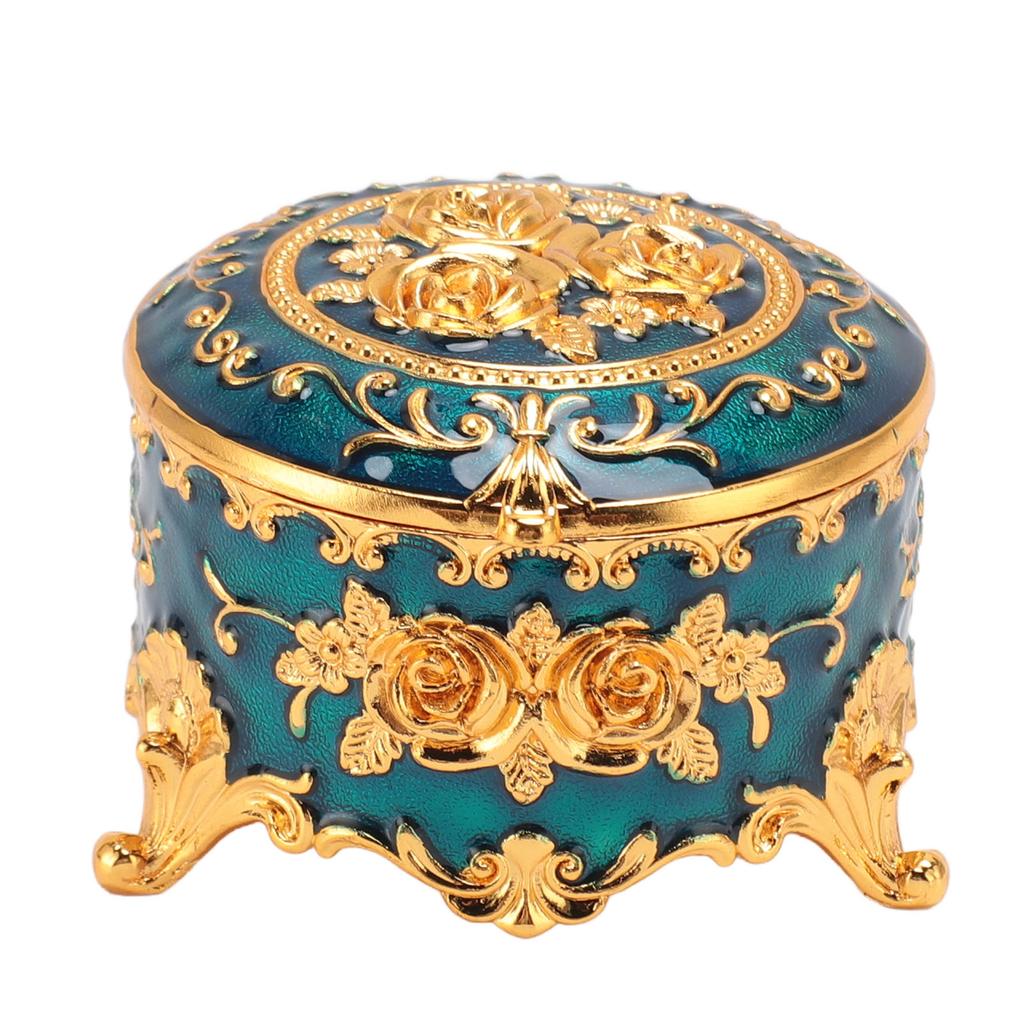 Vintage Jewelry Box Zinc Alloy Round Exquisite Hand Carved Gold Flower Pattern Versatile Storage Case for Ring Earring Necklace