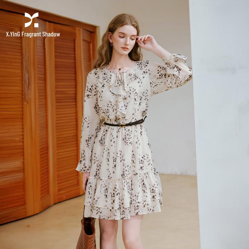 Xiangying Retro Printed Chiffon V-neck Dress XL