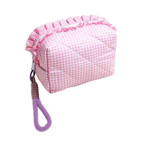 Cosmetic Bag with Contrast Color Bracelet Embellishment Ruffle Decoration Makeup Organizer Plaid Quilting Design Makeup Bag