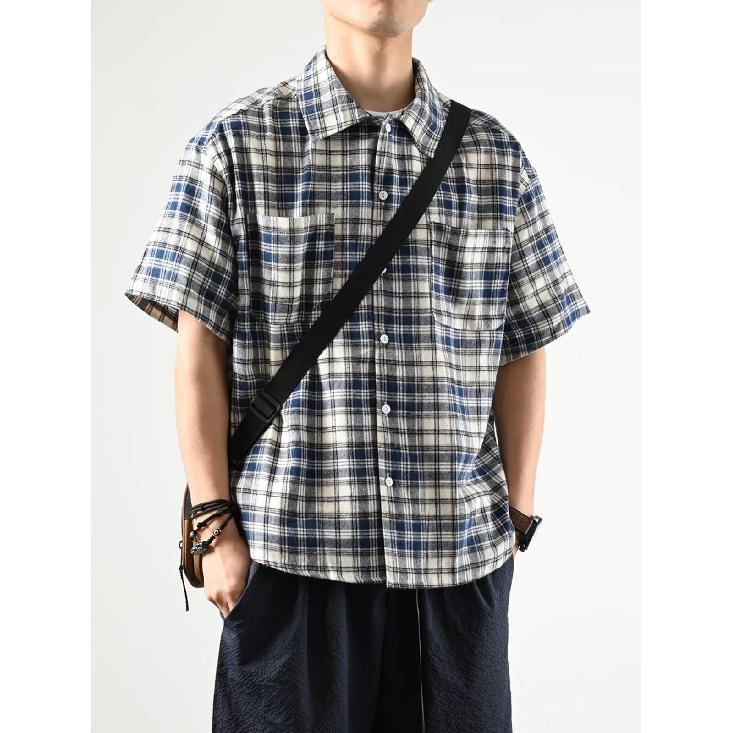 Checkered Shirt Men'S Summer Japanese Retro Loose Casual Five Quarter Sleeved Shirt American High Street Trendy Brand Jacket