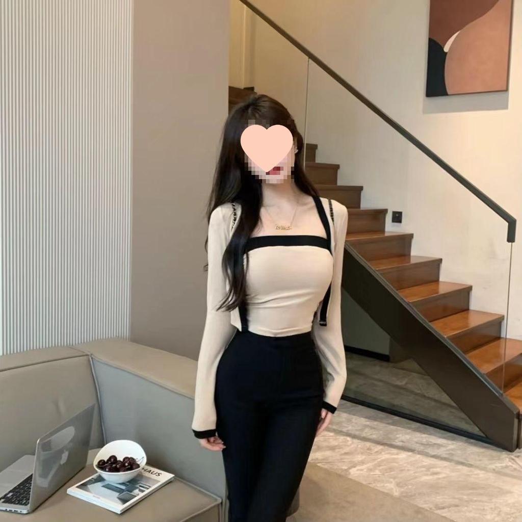 Niche Bodycon Pure Desire Camisole & Slimming Knit Cardigan Set - Women's Two-Piece, Short Tank Top and Long Sleeve Knit Cardigan.