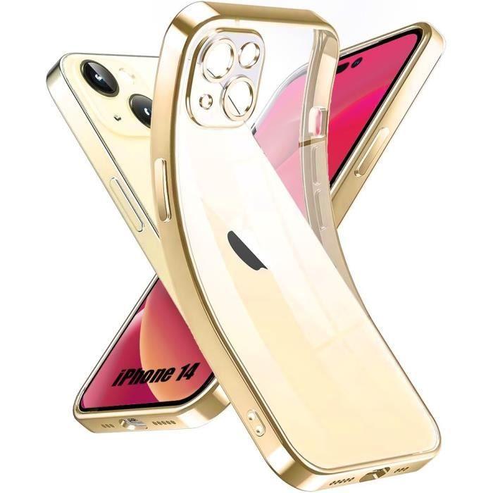 Coque Silicone - pour iPhone 14 - Transparent - Contour Métallique Doré - Souple - Installation Facile