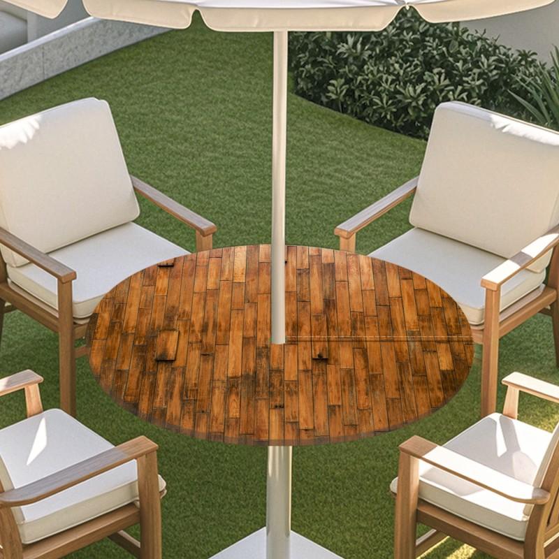 Copritavolo Rotondo da Esterno con Effetto Legno Impermeabile Orlo Elastico Per Patio Giardino Sala da Pranzo