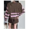 Women Striped Knit Sweater Two Piece Set Off Shoulder Shawl Collar Pullover Fall Winter Korean Style
