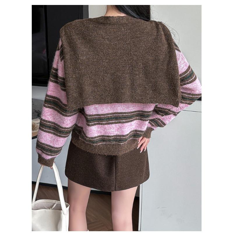 Women Striped Knit Sweater Two Piece Set Off Shoulder Shawl Collar Pullover Fall Winter Korean Style