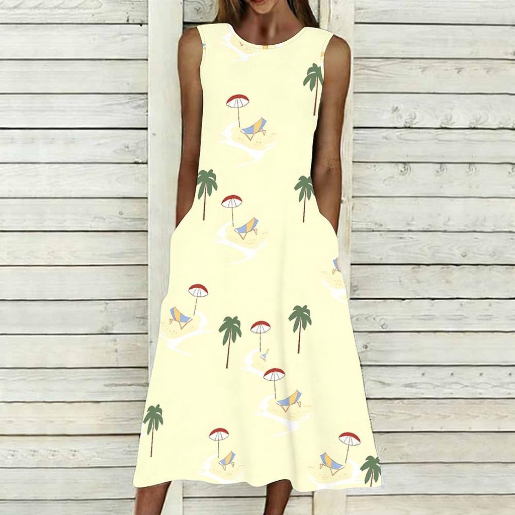 Plus Size Ladies Sleeveless Crew Neck Dress Exotic Palm Floral Printed Flowy Calf Length Outfit