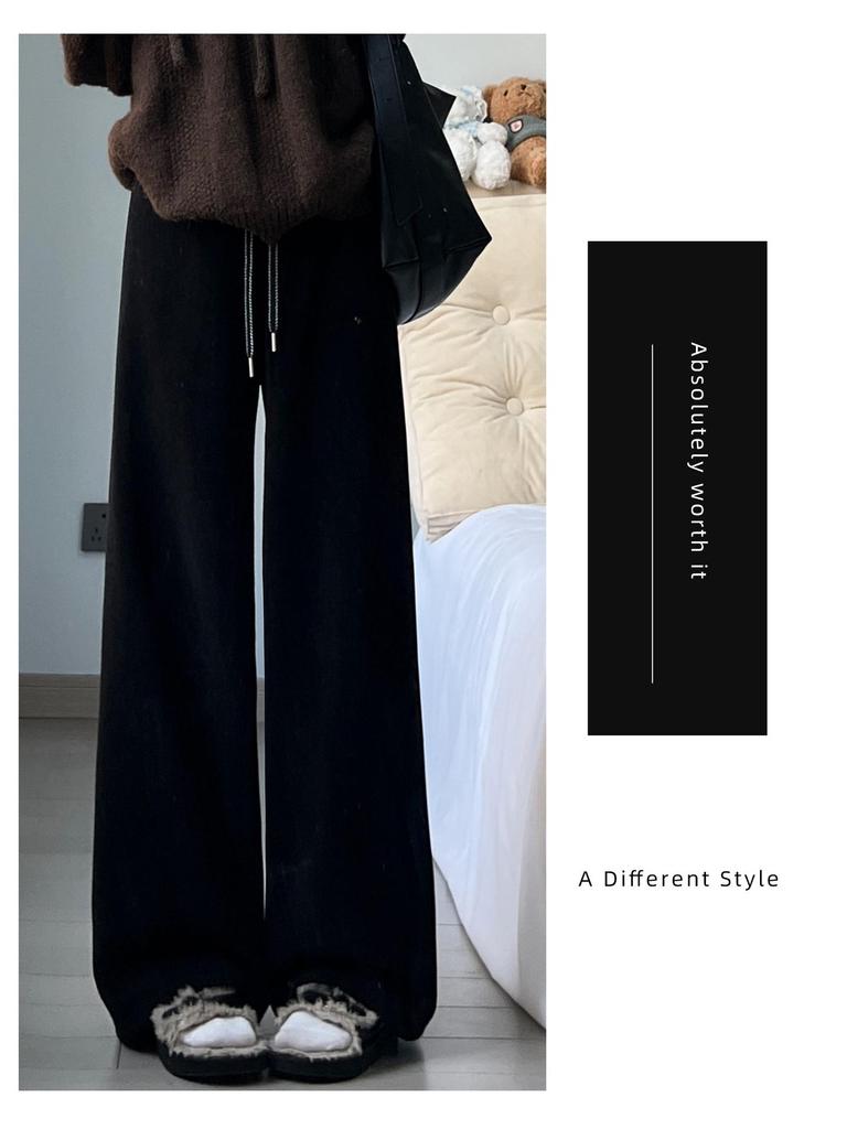 Women's High-Waisted Corduroy Pants - White Fluffy Lambswool, Wide-Leg, Plus Velvet Thickened & Slimming for Autumn/Winter
