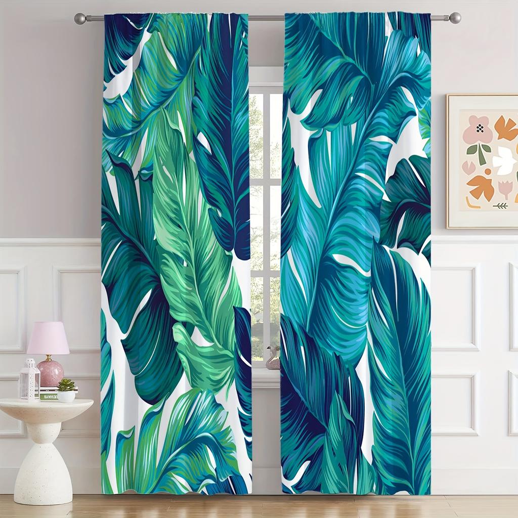 2pcs Nordic Green Plant Leaves Curtains-Light-Filtering WindowTreatment for Kitchen, Living Room, Office, and Bedroom Decor