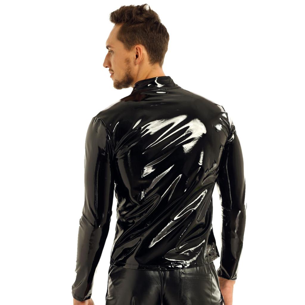 Men Shiny Metallic Long Sleeve Front-Zip Stand Collar Tops Wet Look Patent Leather Nightclub Style T-shirt Top Coat